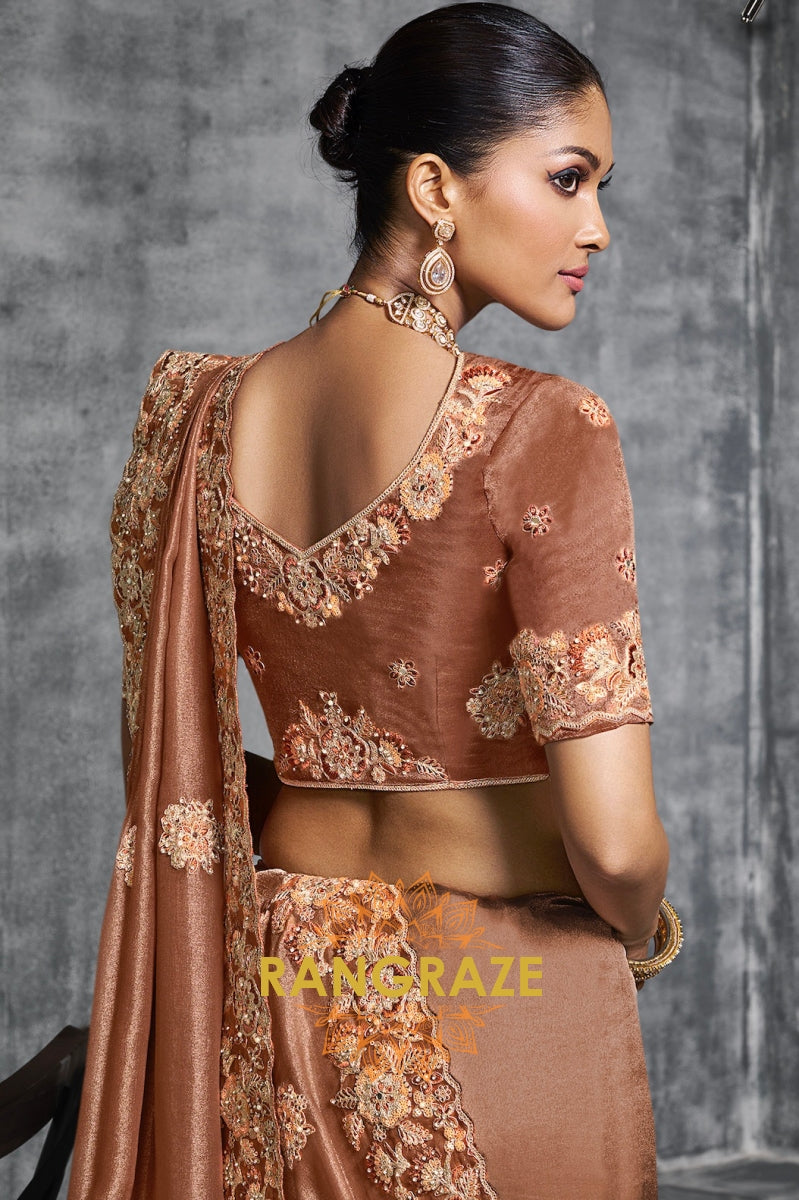 Rich Copper Tissue Zari Saree with Intricate Floral Embroidery