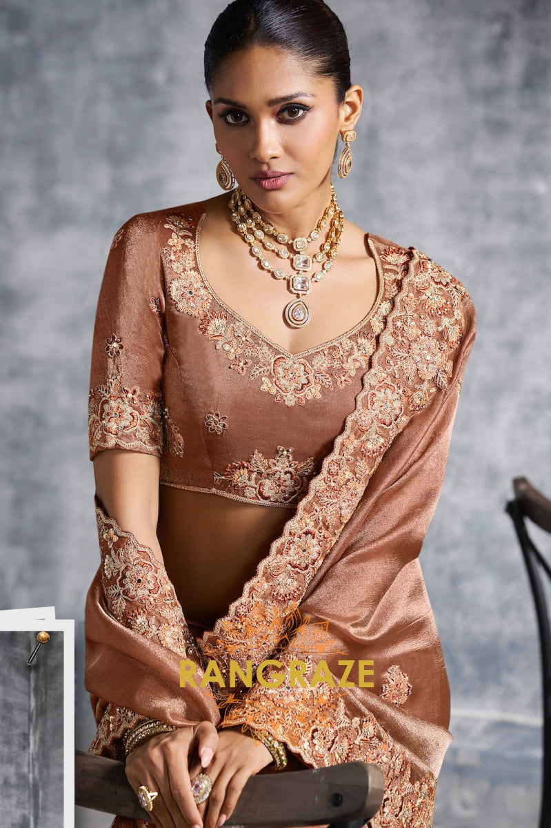 Rich Copper Tissue Zari Saree with Intricate Floral Embroidery
