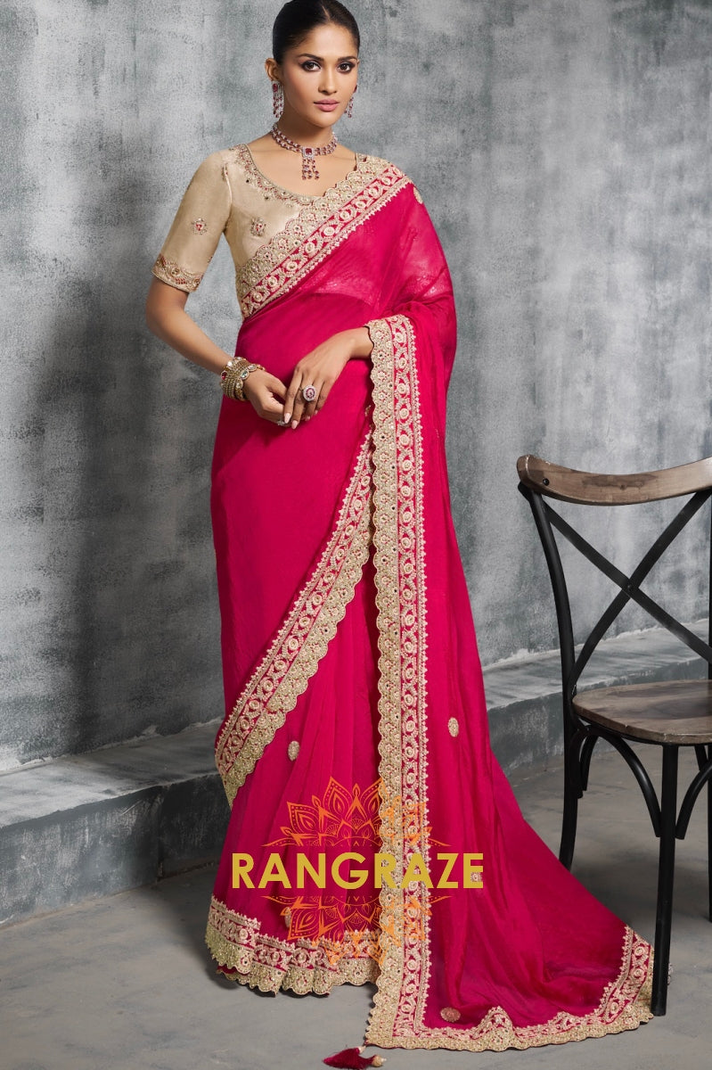 Rangoli Satin Saree in Hot Pink with Golden Lace Work
