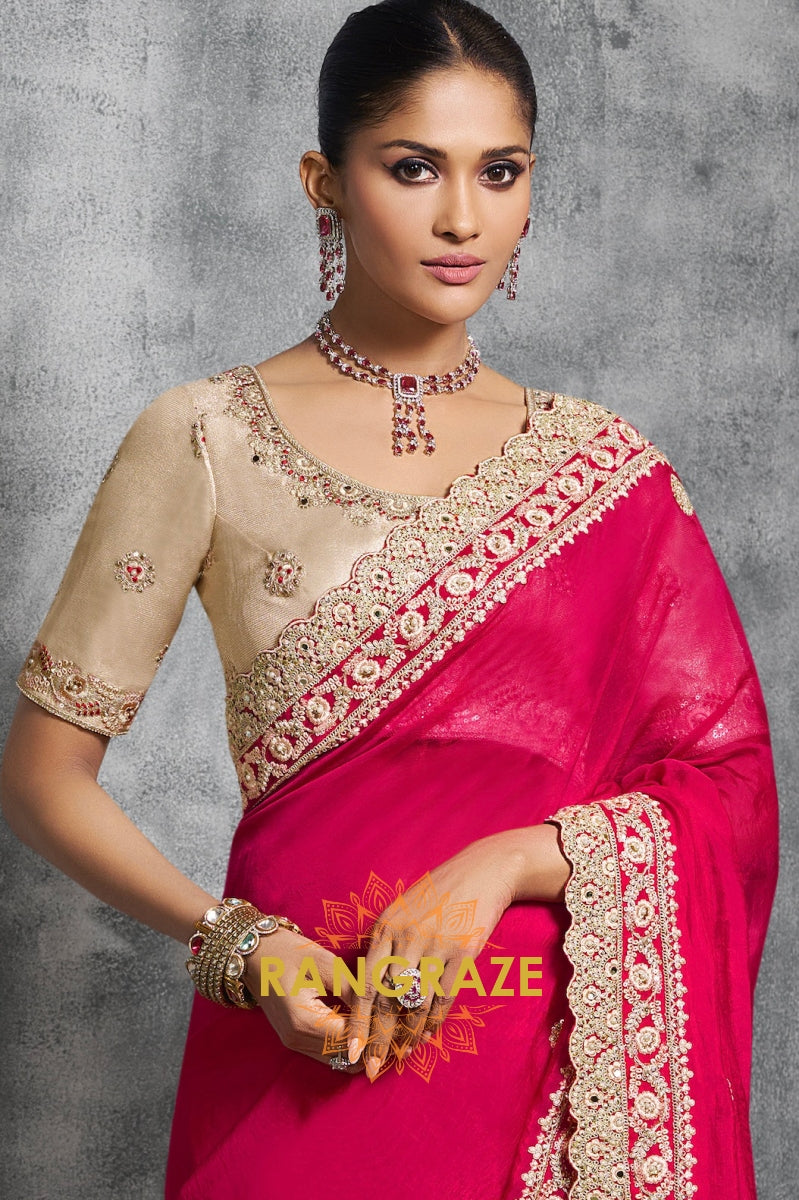 Rangoli Satin Saree in Hot Pink with Golden Lace Work