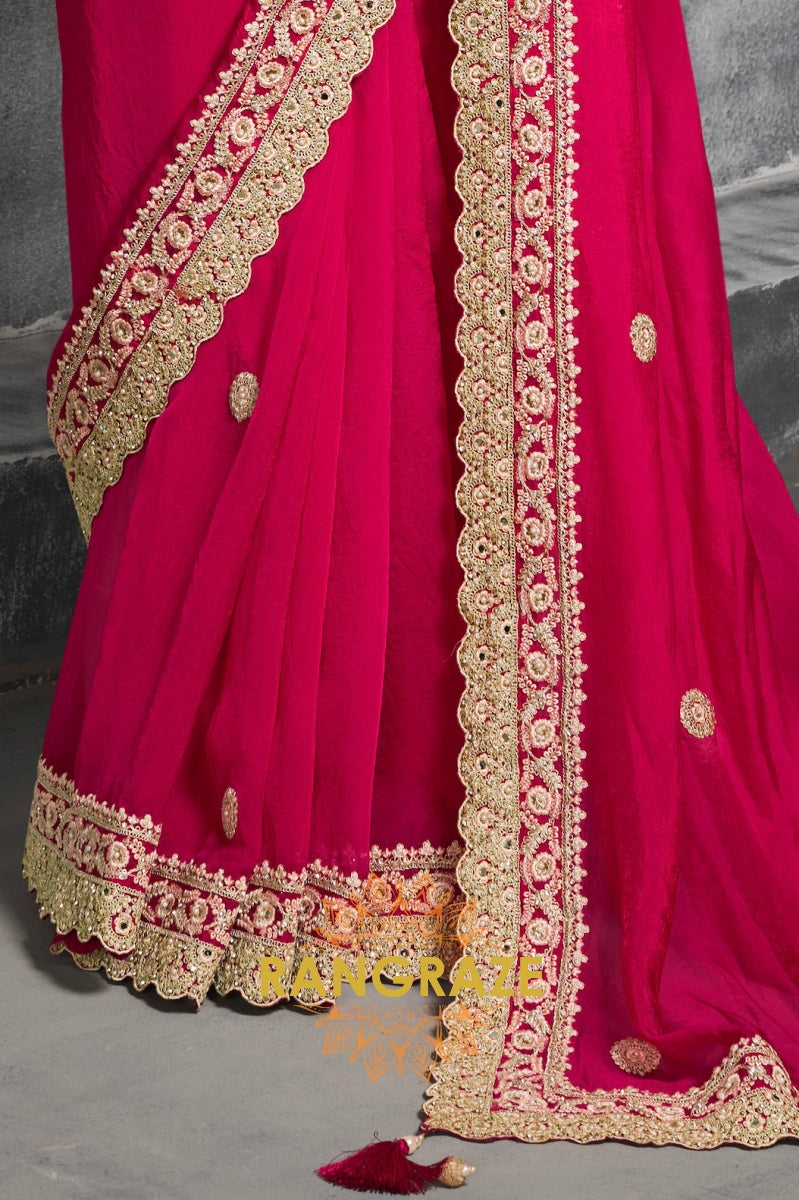 Rangoli Satin Saree in Hot Pink with Golden Lace Work
