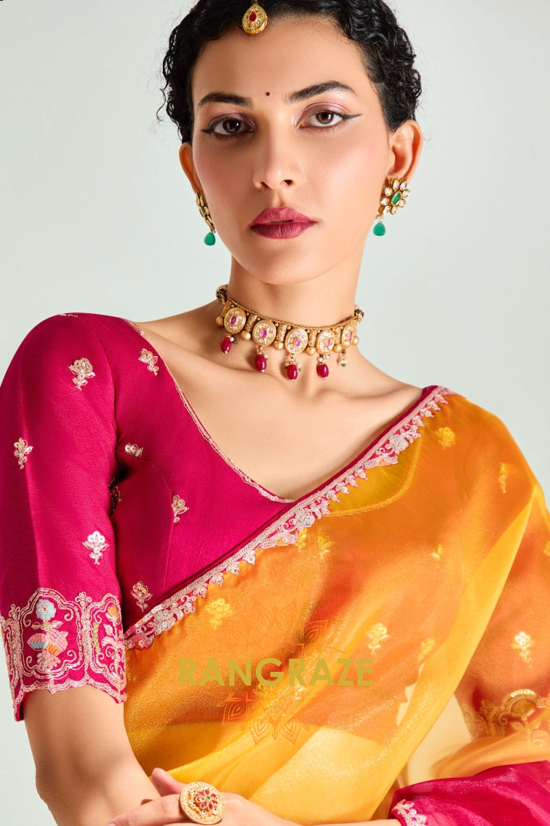 Sunshine Pink Ombre Organza Tissue Silk Saree