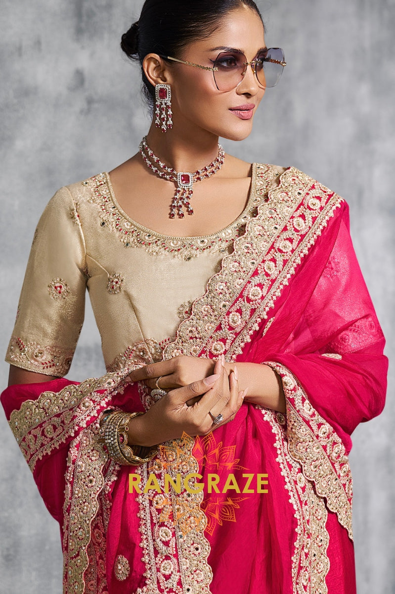 Rangoli Satin Saree in Hot Pink with Golden Lace Work