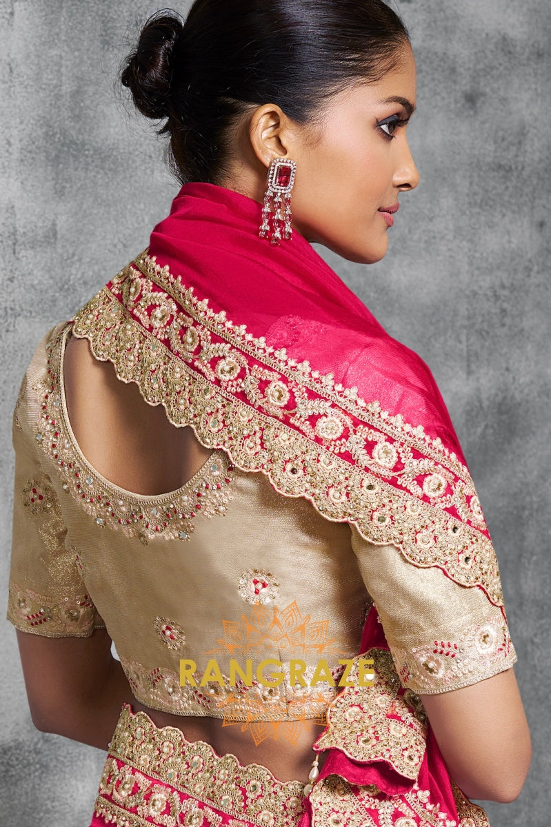 Rangoli Satin Saree in Hot Pink with Golden Lace Work