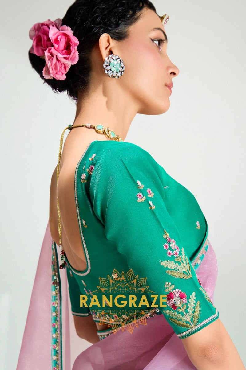 Emerald Blush Organza Tissue Silk Saree