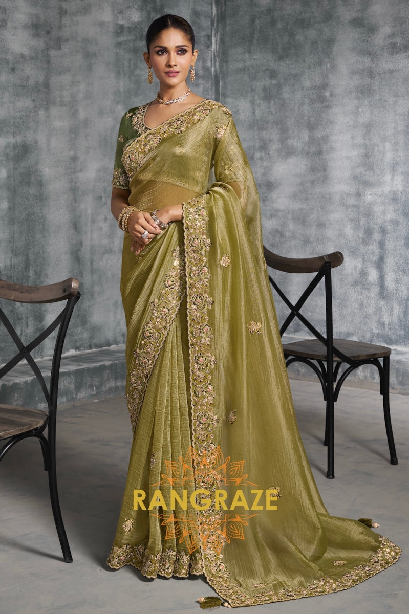 Olive Green Tissue Zari Saree with Handcrafted Embroidery