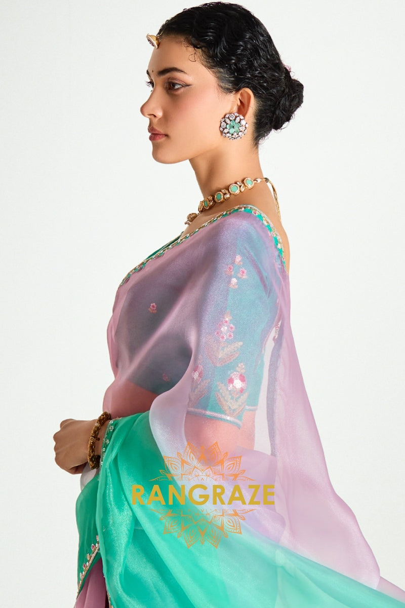 Emerald Blush Organza Tissue Silk Saree
