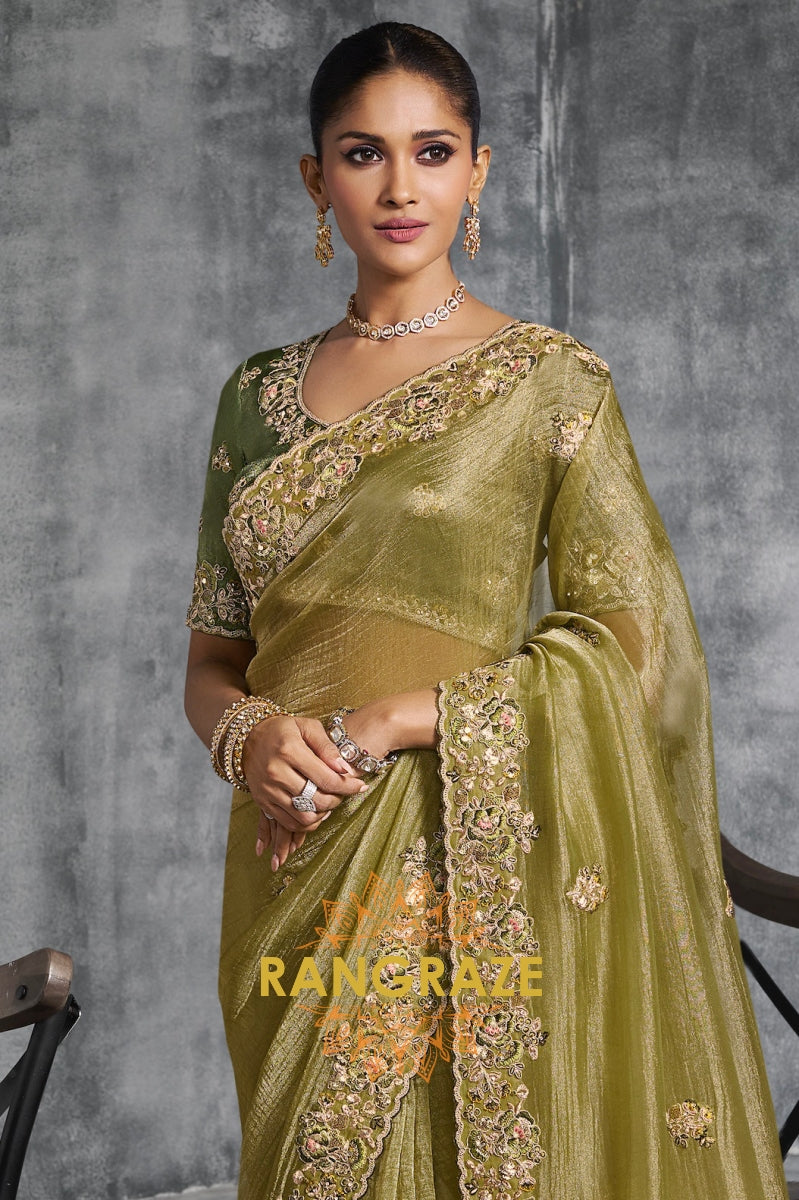 Olive Green Tissue Zari Saree with Handcrafted Embroidery