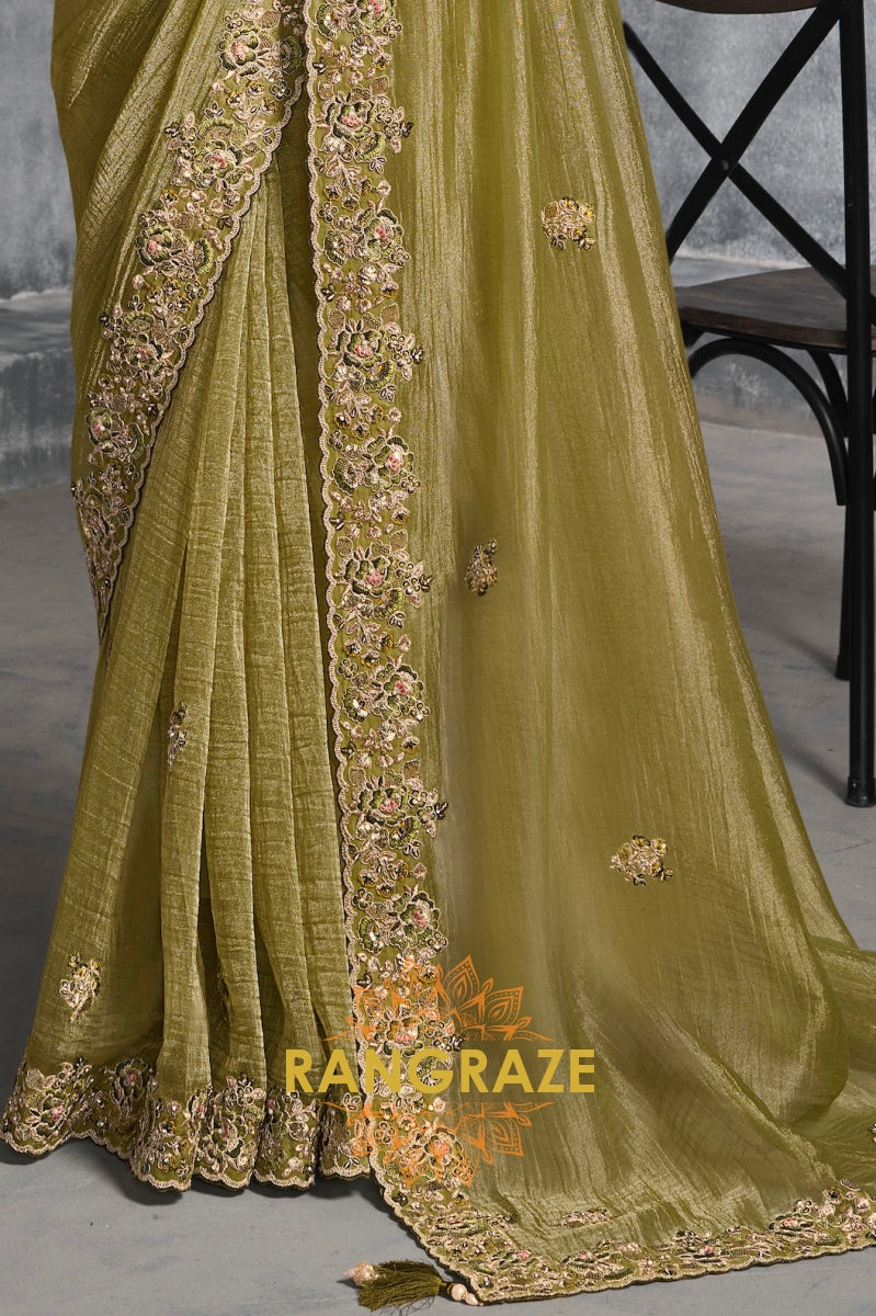 Olive Green Tissue Zari Saree with Handcrafted Embroidery