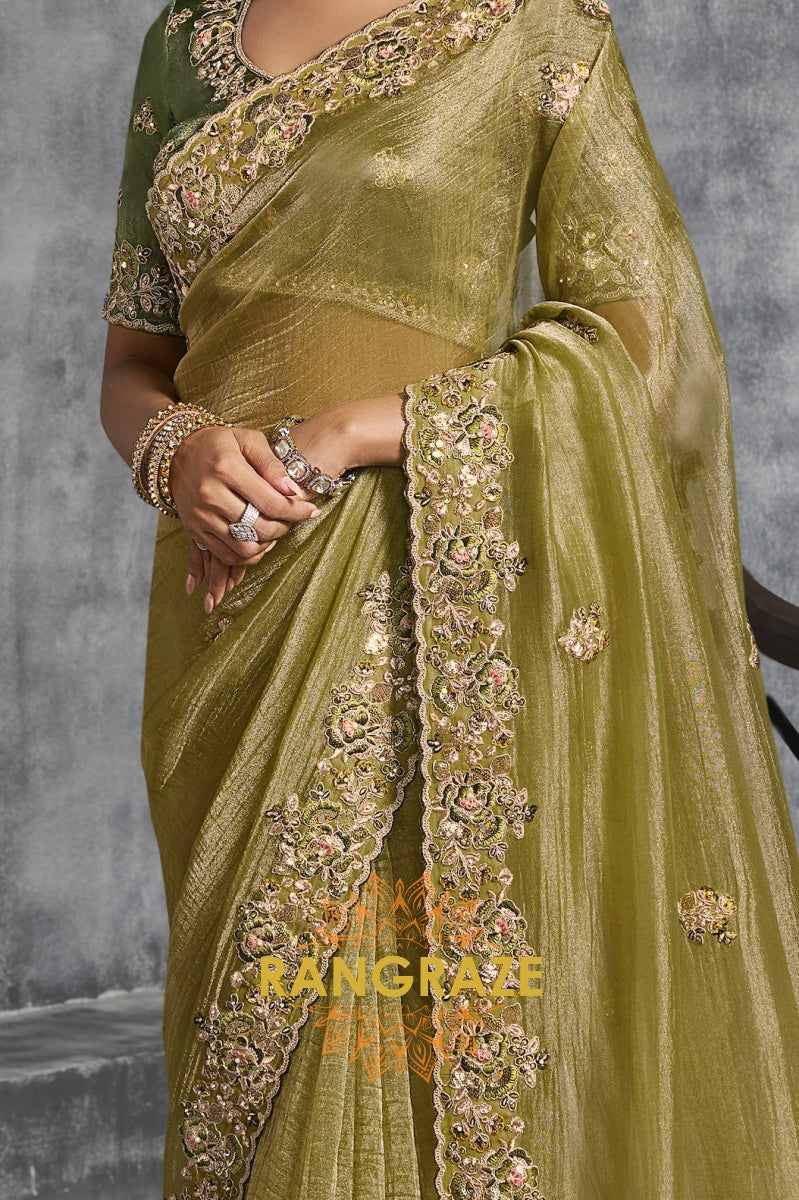Olive Green Tissue Zari Saree with Handcrafted Embroidery