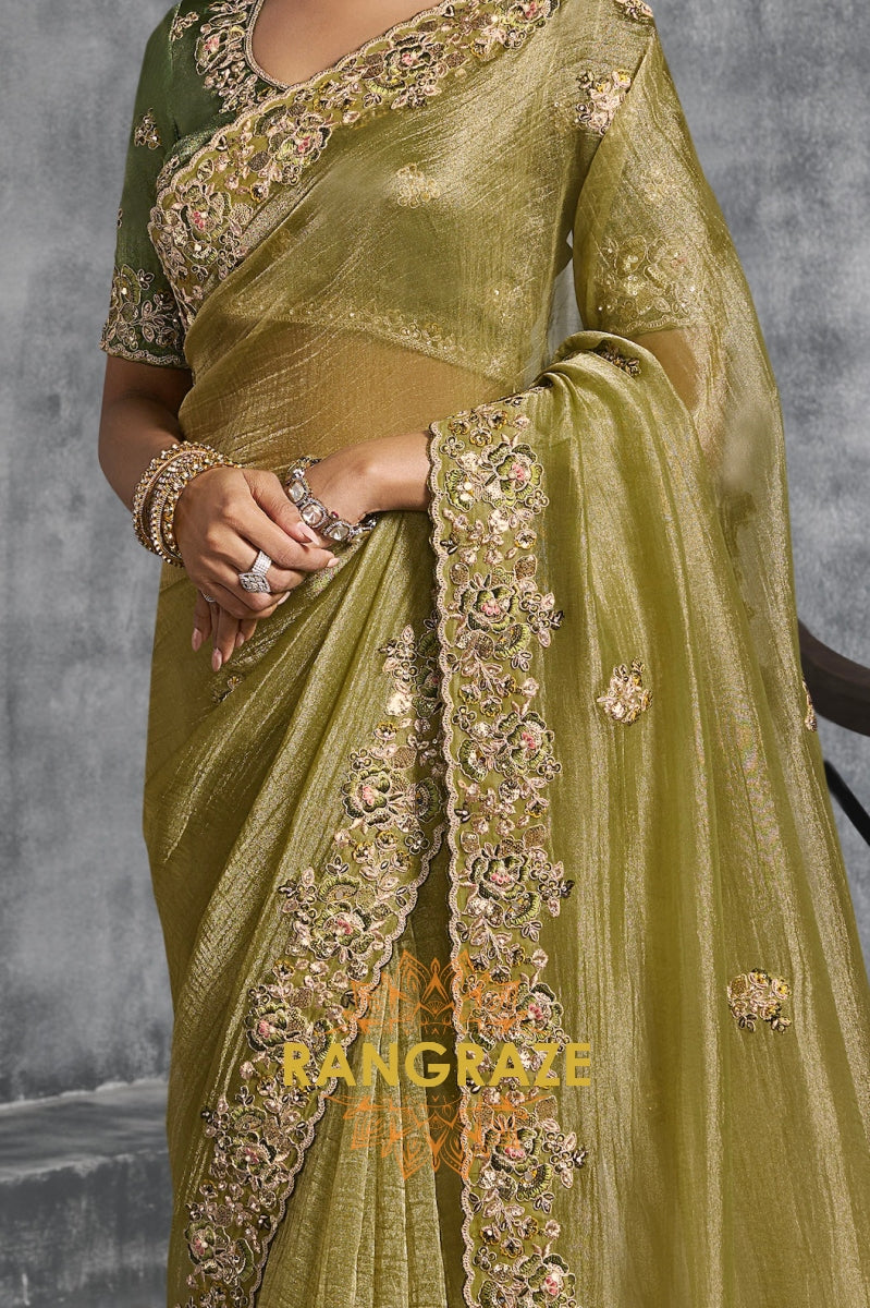 Olive Green Tissue Zari Saree with Handcrafted Embroidery