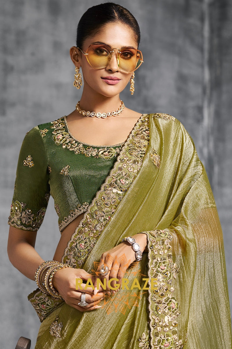 Olive Green Tissue Zari Saree with Handcrafted Embroidery