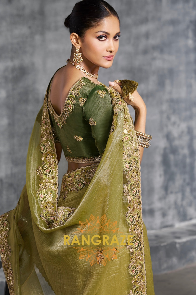 Olive Green Tissue Zari Saree with Handcrafted Embroidery