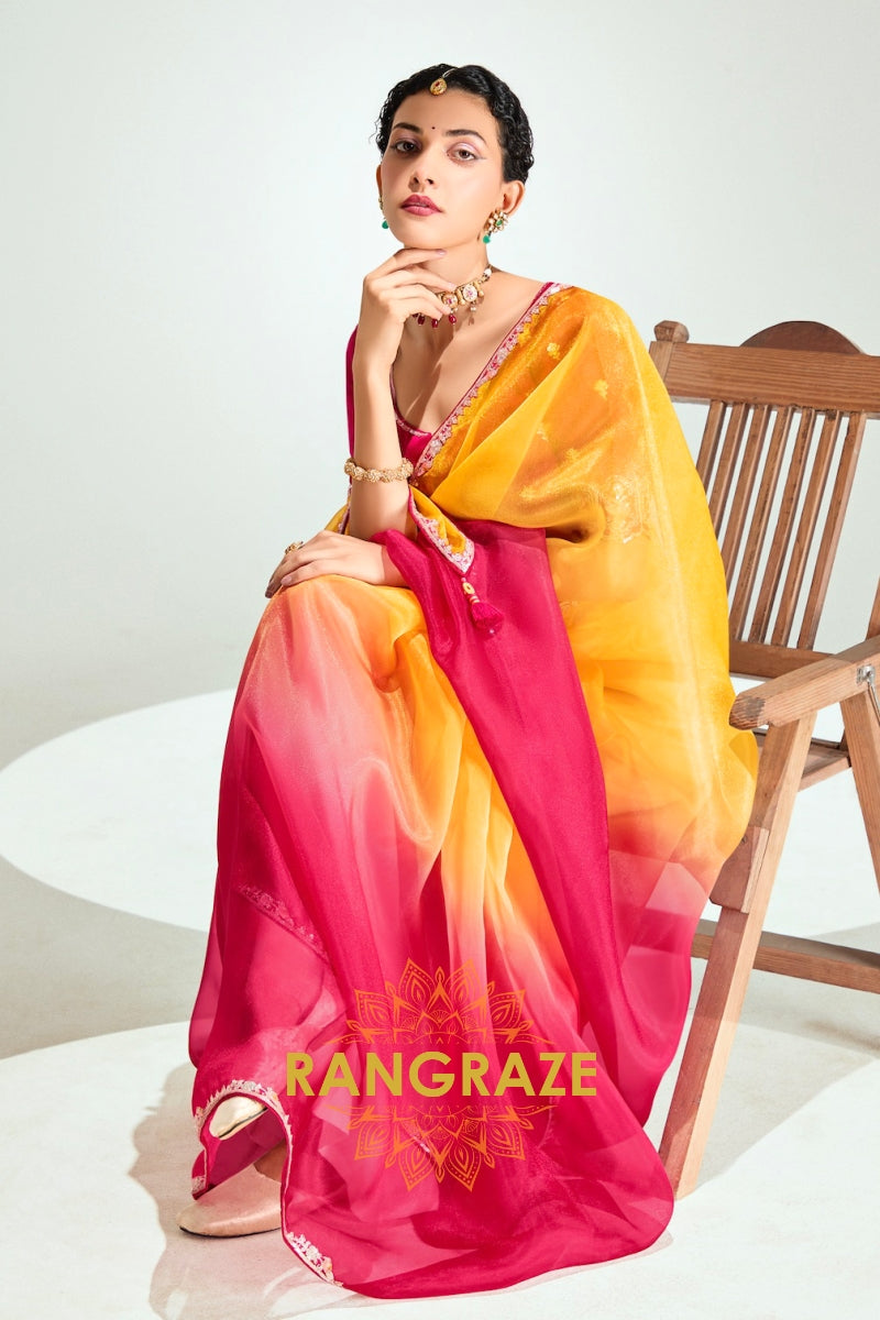 Sunshine Pink Ombre Organza Tissue Silk Saree