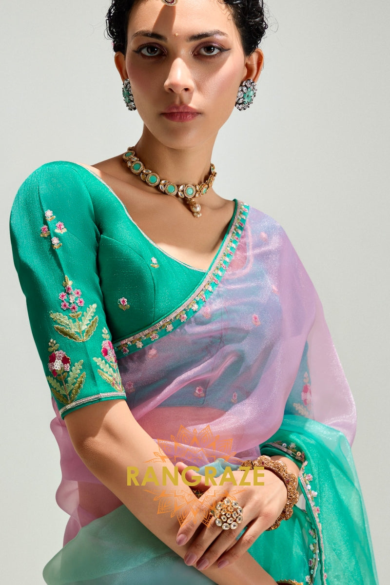 Emerald Blush Organza Tissue Silk Saree