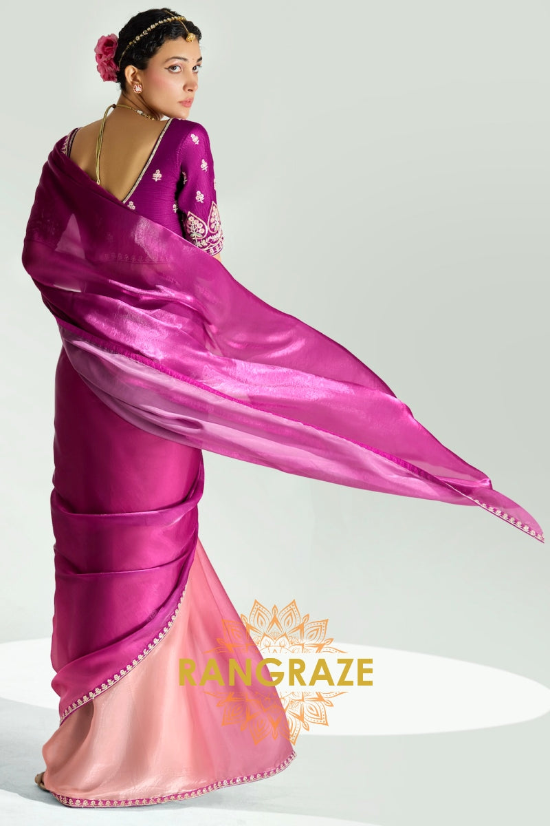 Fuchsia Bloom Organza Tissue Silk Saree
