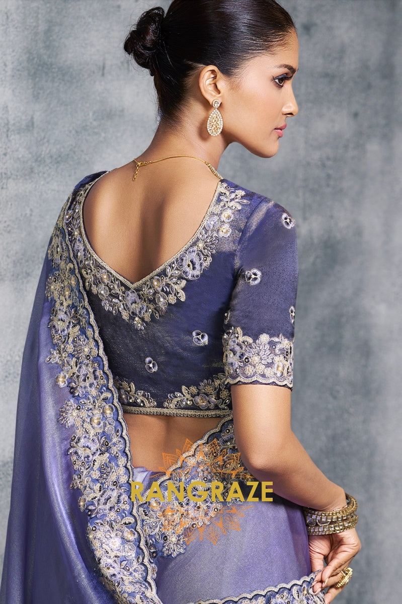 Royal Lavender Tissue Zari Saree with Exquisite Hand Embroidery
