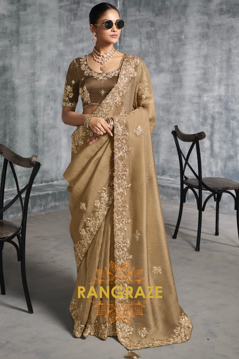 Golden Luxe Tissue Zari Saree with Handcrafted Floral Embroidery