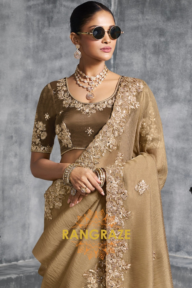 Golden Luxe Tissue Zari Saree with Handcrafted Floral Embroidery
