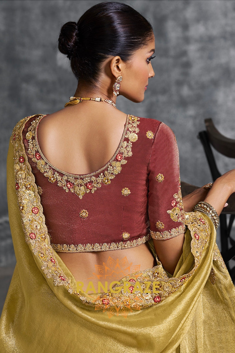 Regal Gold Tissue Zari Saree with Maroon Silk Blouse