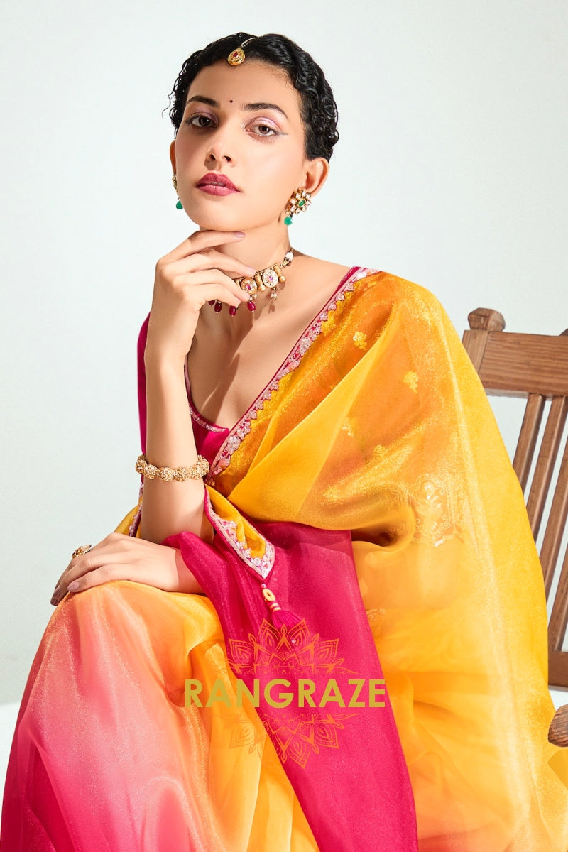 Sunshine Pink Ombre Organza Tissue Silk Saree