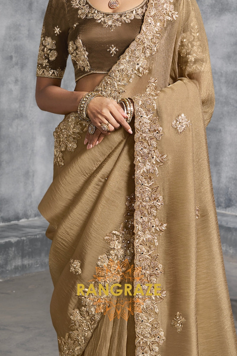 Golden Luxe Tissue Zari Saree with Handcrafted Floral Embroidery