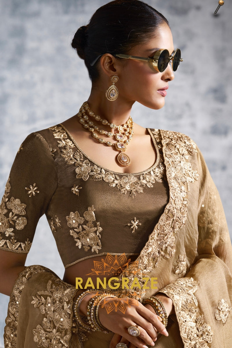 Golden Luxe Tissue Zari Saree with Handcrafted Floral Embroidery