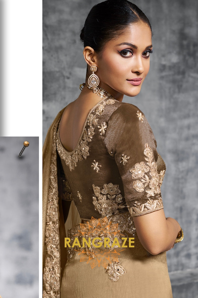Golden Luxe Tissue Zari Saree with Handcrafted Floral Embroidery