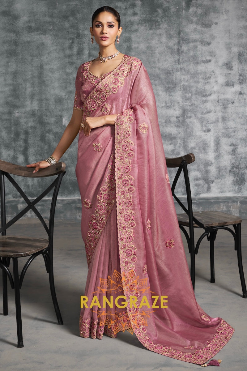 Rosewood Pink Tissue Zari Saree with Handcrafted Floral Embroidery