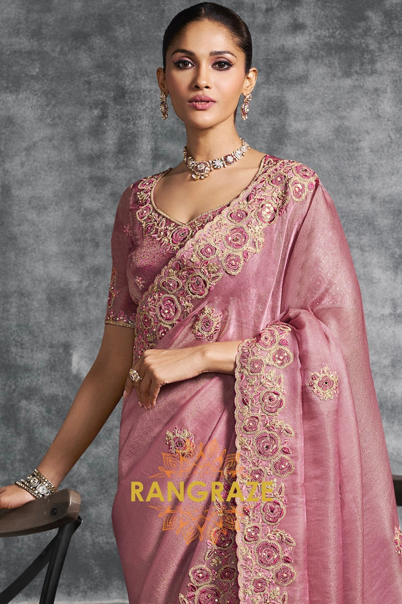 Rosewood Pink Tissue Zari Saree with Handcrafted Floral Embroidery