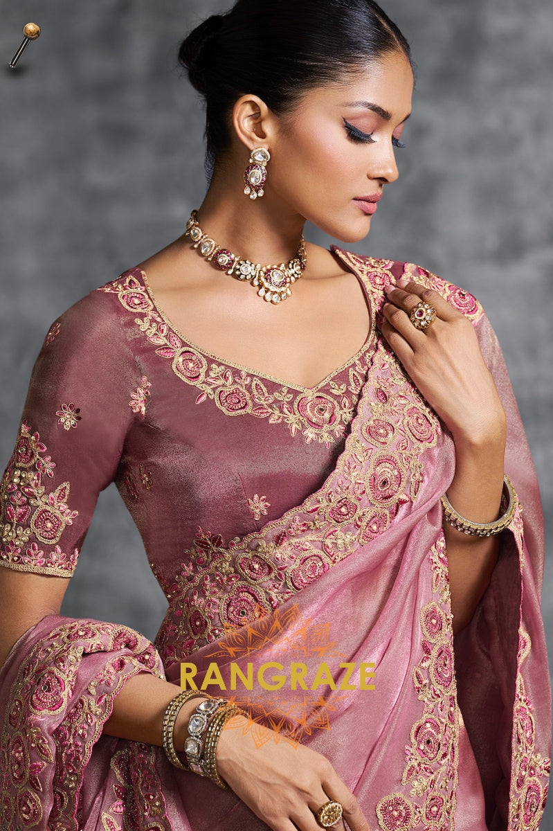 Rosewood Pink Tissue Zari Saree with Handcrafted Floral Embroidery
