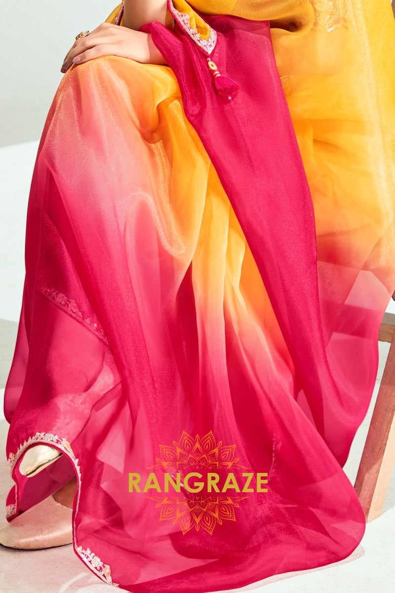Sunshine Pink Ombre Organza Tissue Silk Saree