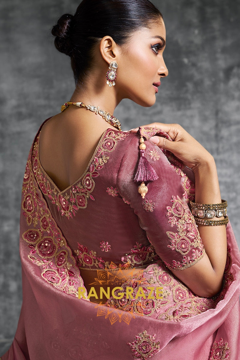 Rosewood Pink Tissue Zari Saree with Handcrafted Floral Embroidery