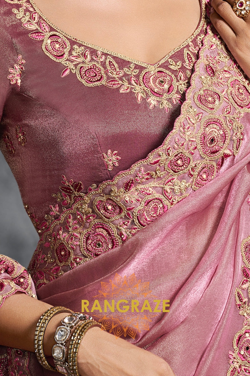 Rosewood Pink Tissue Zari Saree with Handcrafted Floral Embroidery