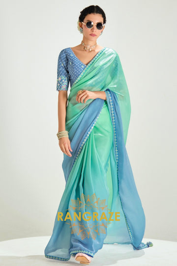 Aqua Green Organza Tissue Silk Saree
