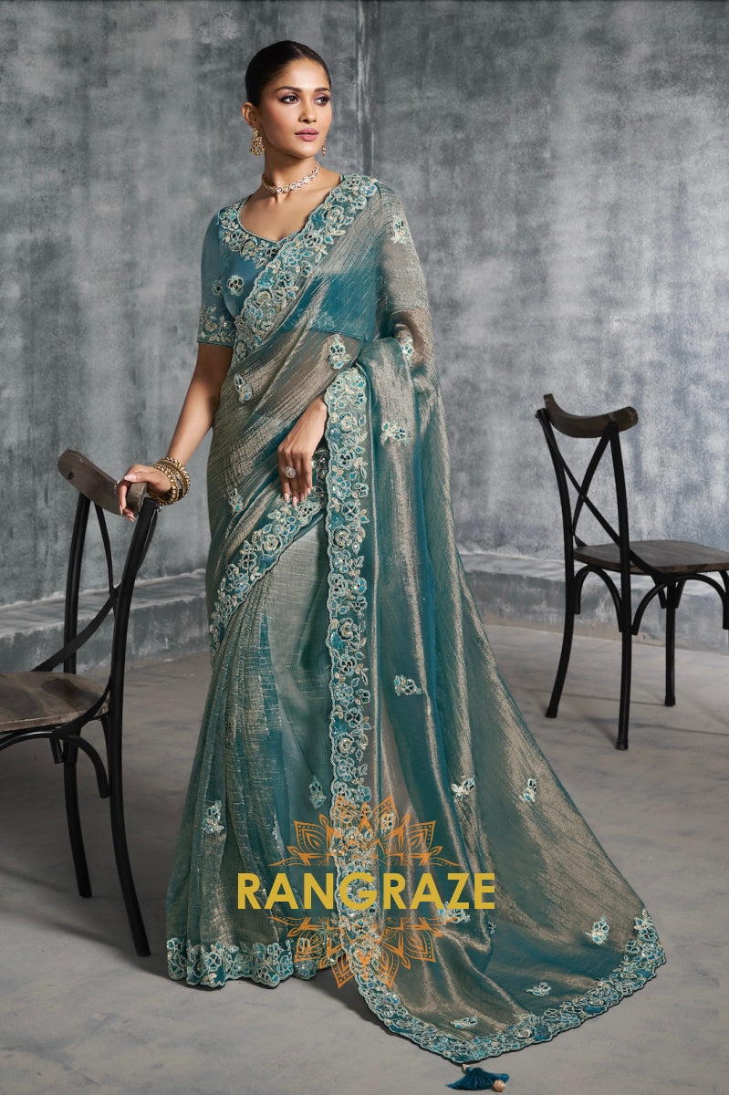 Teal Blue Premium Tissue Zari Saree with Intricate Embroidery