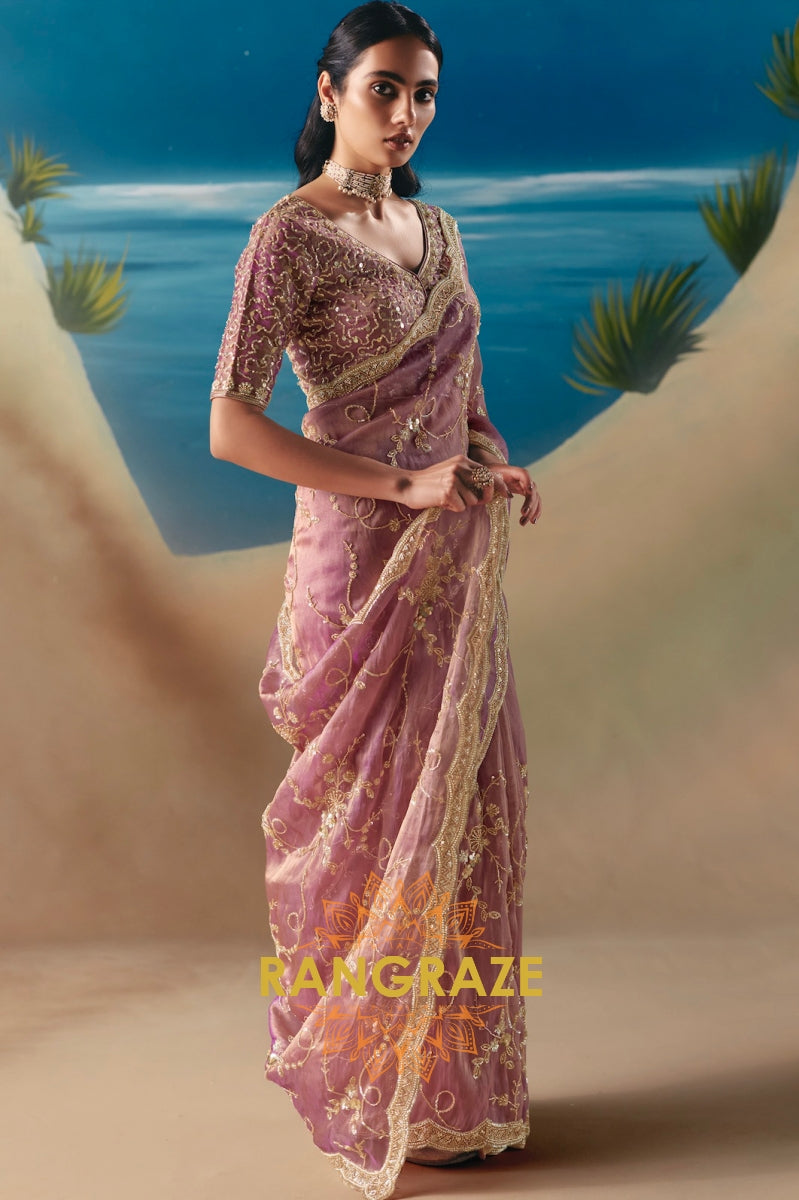 Orchid Bloom Satin Organza Saree with Sequin & Bead Hand Embroidery