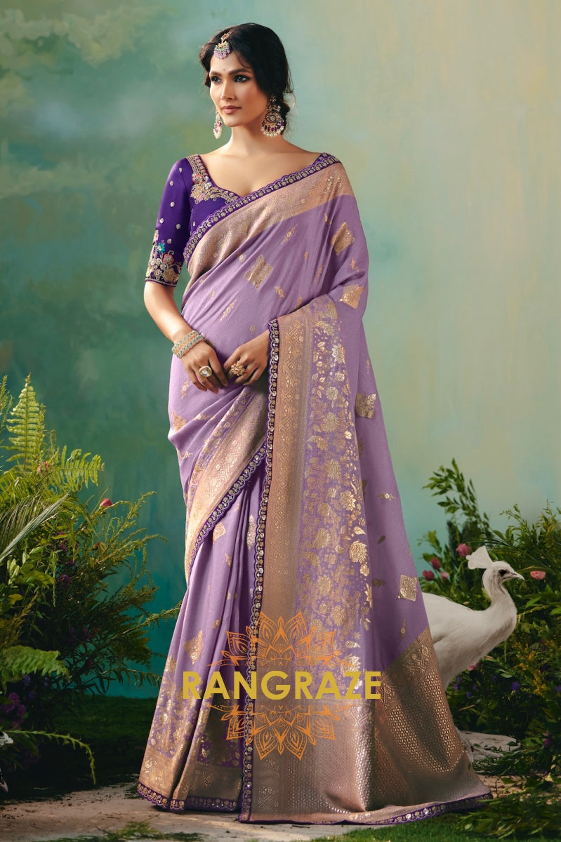 Lavender Silk Saree with Zari Weaving and Royal Purple Embroidered Blouse