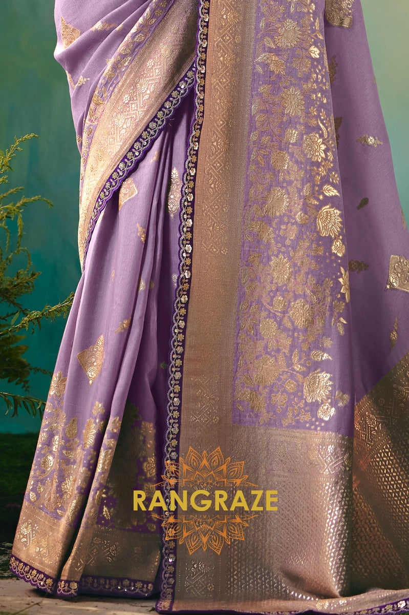 Lavender Silk Saree with Zari Weaving and Royal Purple Embroidered Blouse