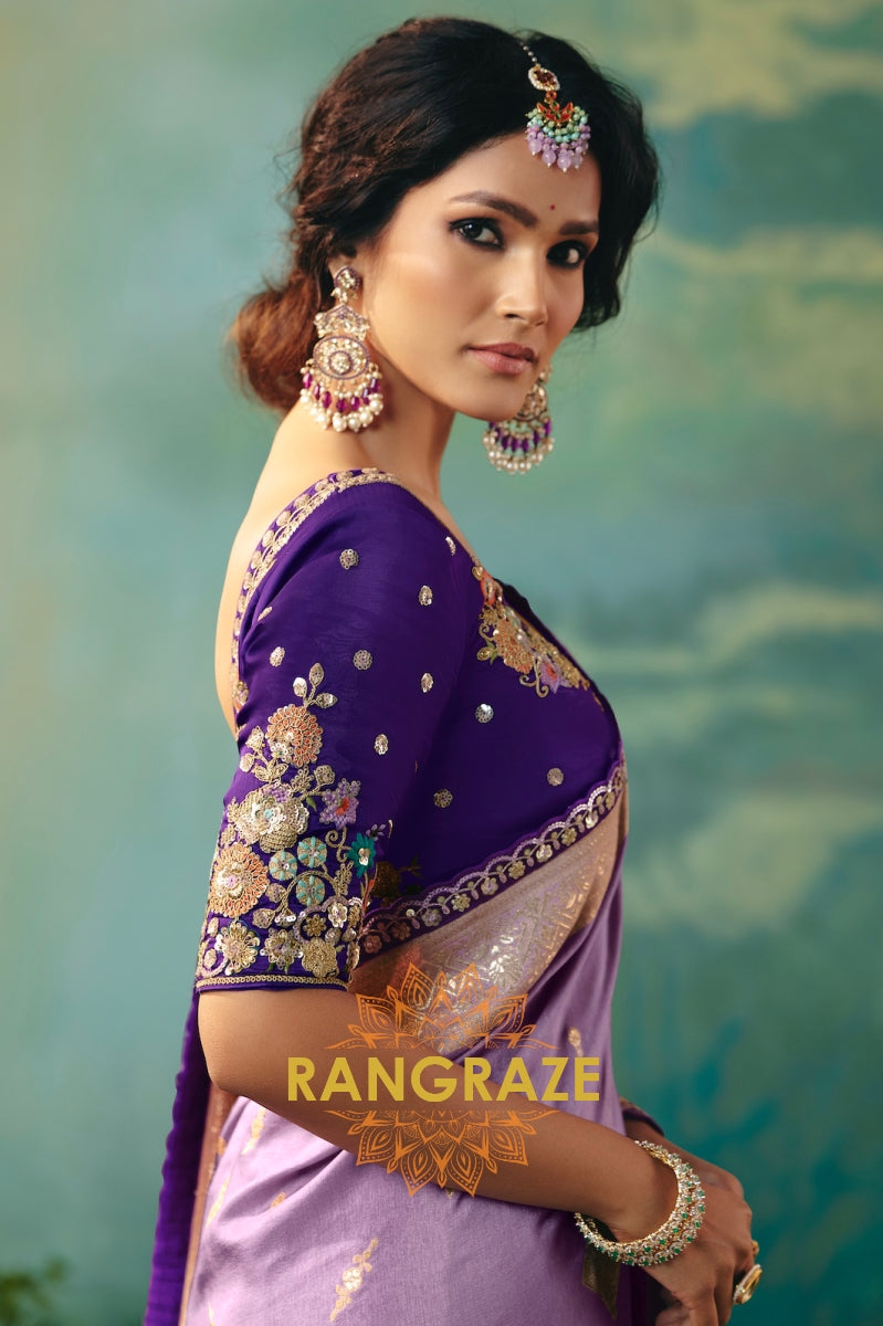 Lavender Silk Saree with Zari Weaving and Royal Purple Embroidered Blouse