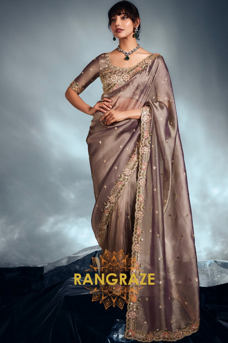 Taupe Grey Pure Organza Embroidered Saree with Designer Blouse