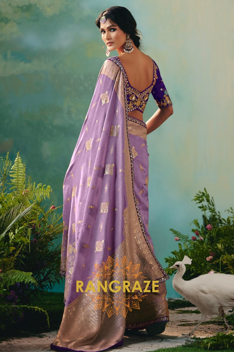 Lavender Silk Saree with Zari Weaving and Royal Purple Embroidered Blouse