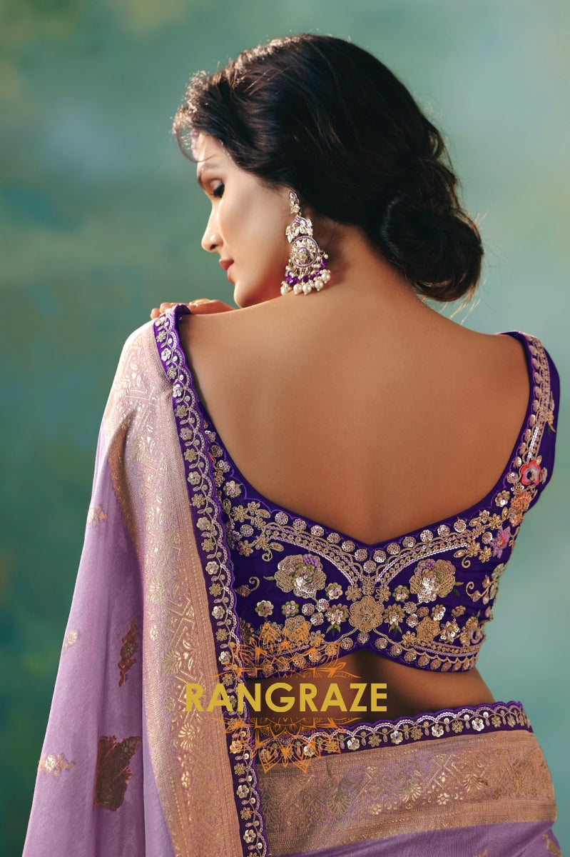 Lavender Silk Saree with Zari Weaving and Royal Purple Embroidered Blouse