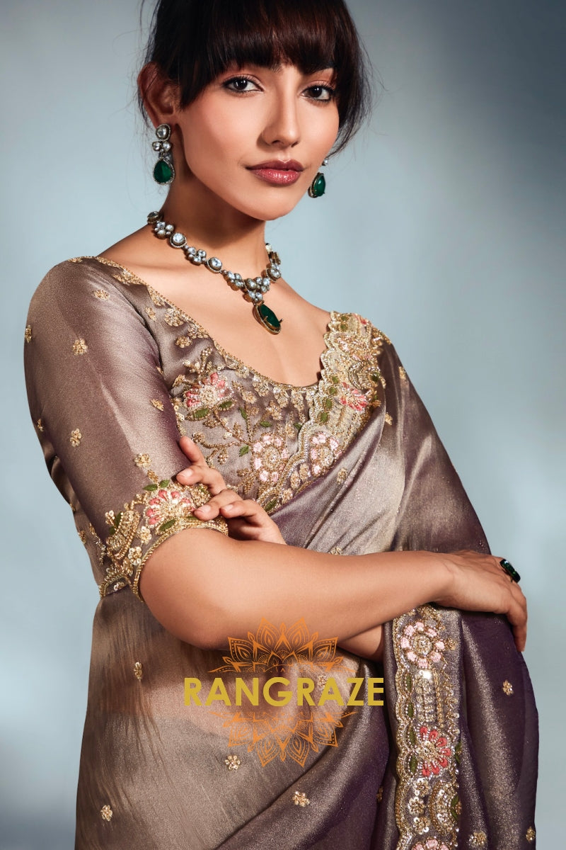 Taupe Grey Pure Organza Embroidered Saree with Designer Blouse