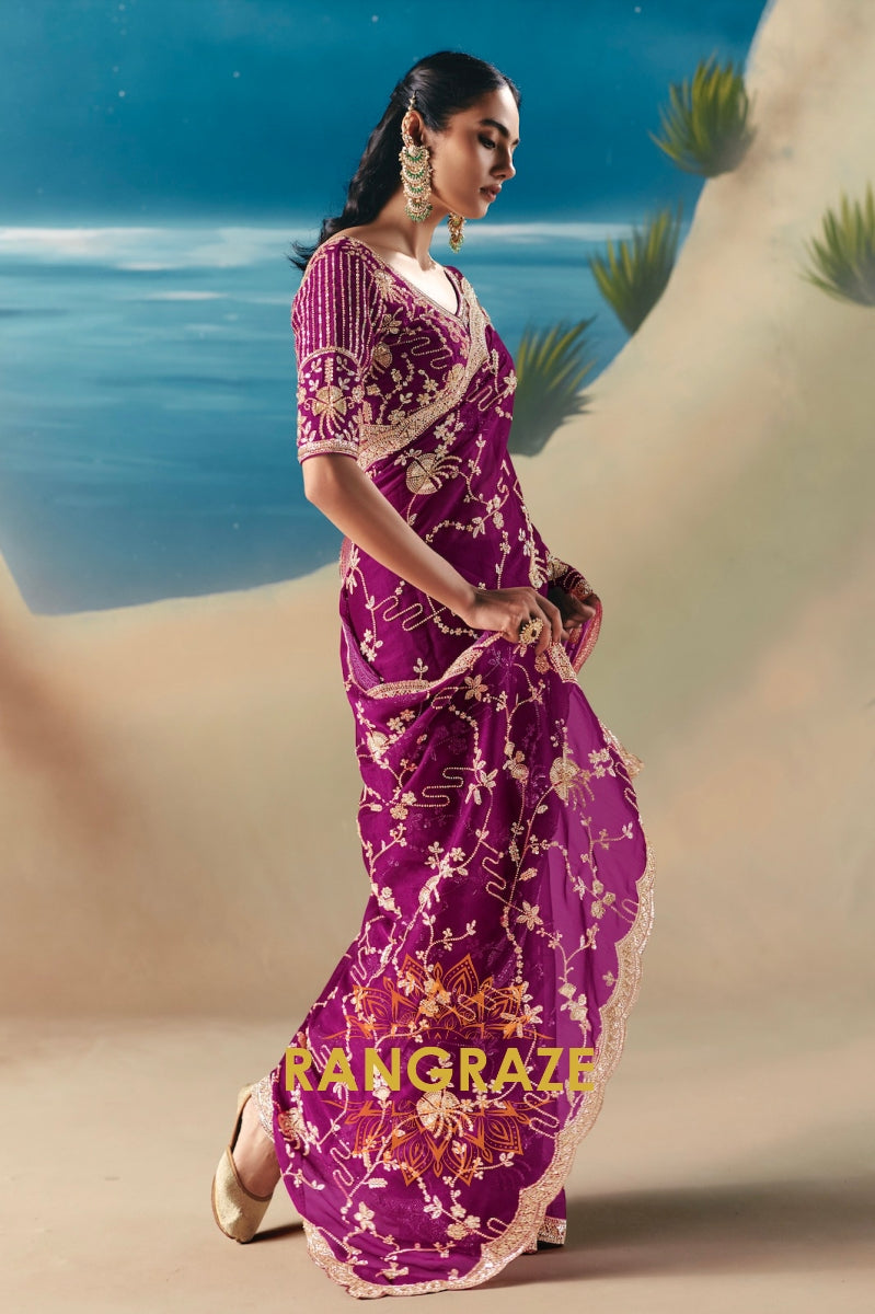 Regal Plum Satin Organza Saree with Designer Embroidery & Sequin Stone Work
