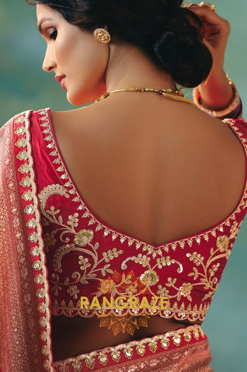 Crimson Red Silk Saree with Zari Floral Weaving and Embroidered Blouse