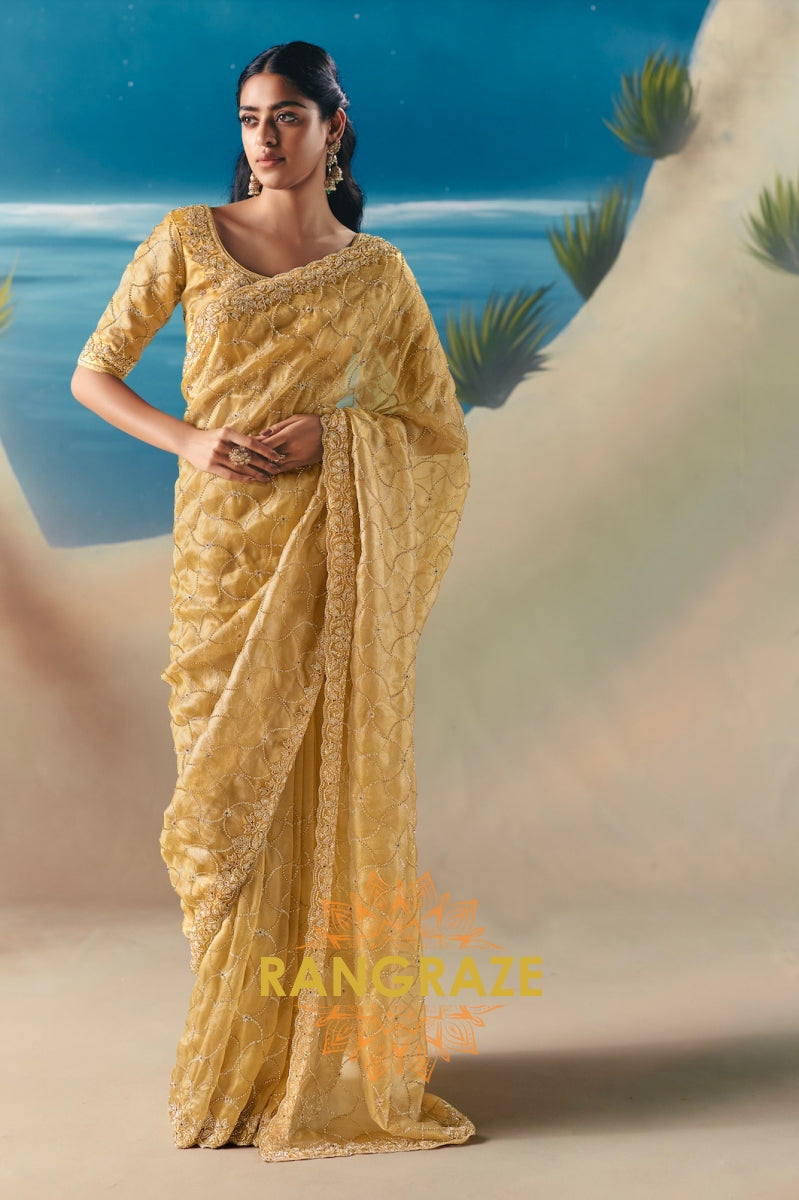 Golden Glow Satin Organza Saree with Sequin & Stone Embroidery