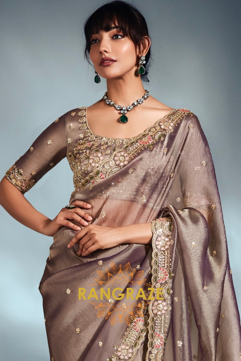 Taupe Grey Pure Organza Embroidered Saree with Designer Blouse