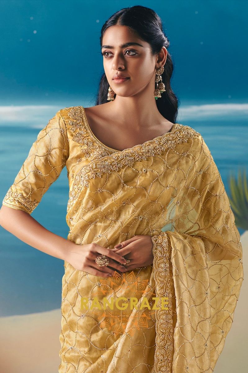 Golden Glow Satin Organza Saree with Sequin & Stone Embroidery