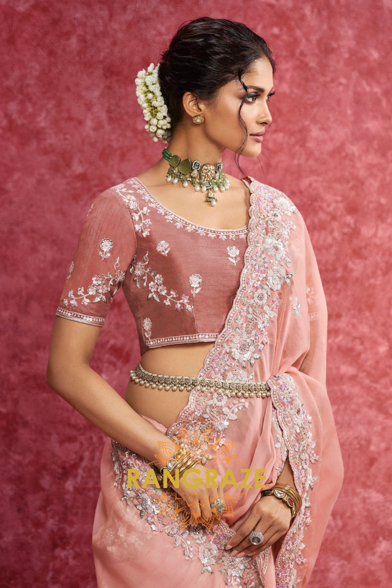 Blush Pink Organza Tissue Embroidered Saree with Velvet Blouse